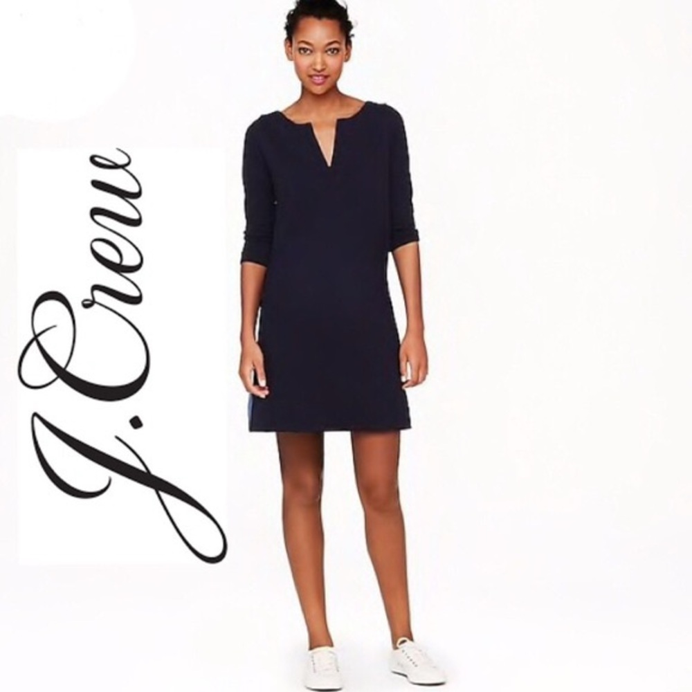 J. Crew Navy Blue 3/4 Sleeve Mini V-Neck Cotton Tunic Dress
